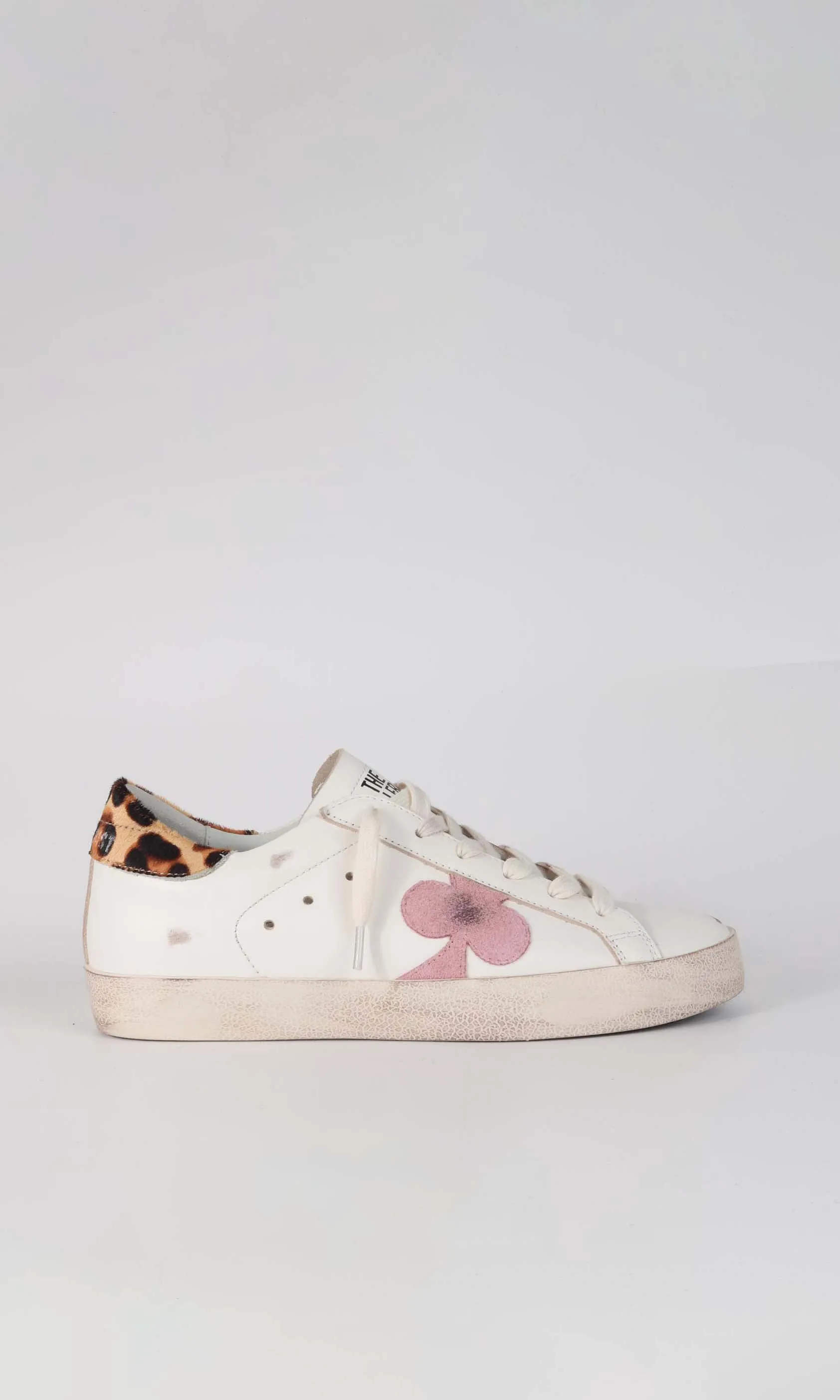 Women's Distressed Leather Sneaker: MILANO - PINK CLOVER WITH LEOPARD HEEL