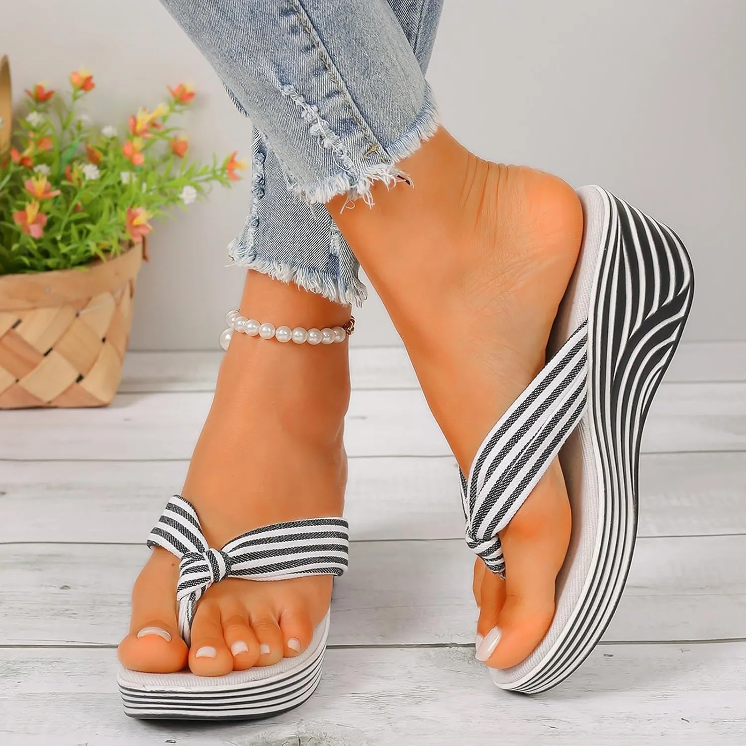 Womens Dressy Wedge Flip Flops Striped Clip Toe Sandals Summer Beach Walking Slippers Arch Support Low Wedges Thong Sandal