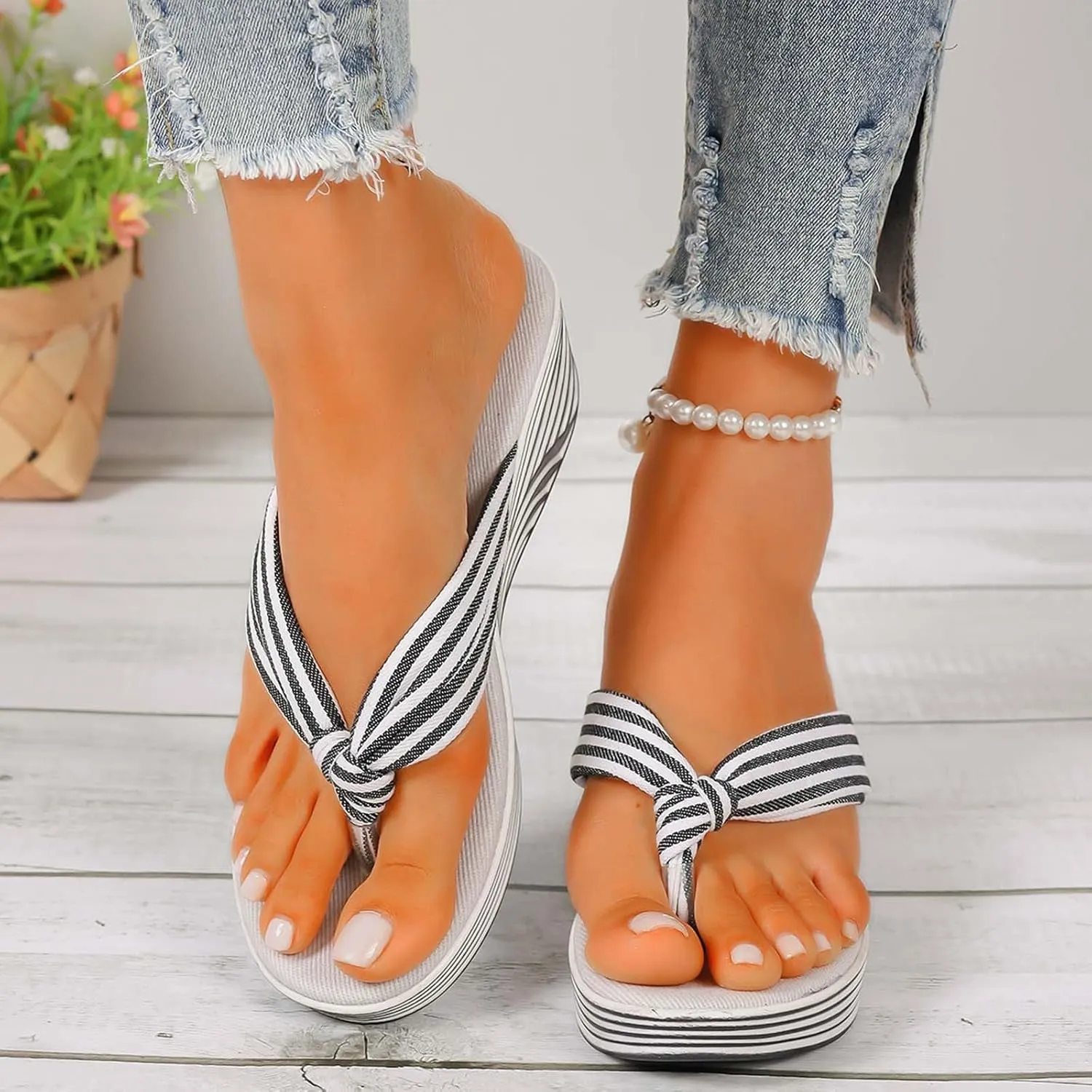 Womens Dressy Wedge Flip Flops Striped Clip Toe Sandals Summer Beach Walking Slippers Arch Support Low Wedges Thong Sandal