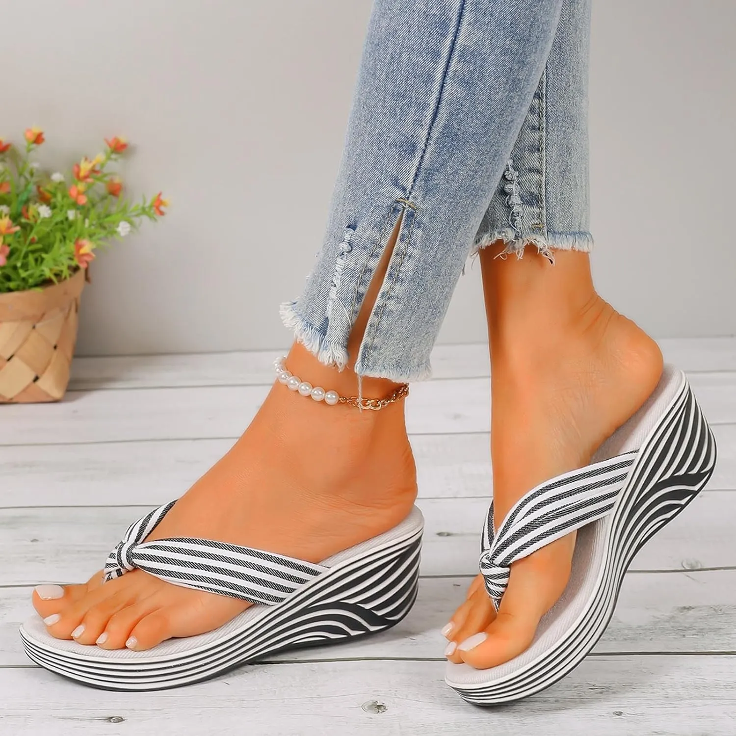 Womens Dressy Wedge Flip Flops Striped Clip Toe Sandals Summer Beach Walking Slippers Arch Support Low Wedges Thong Sandal