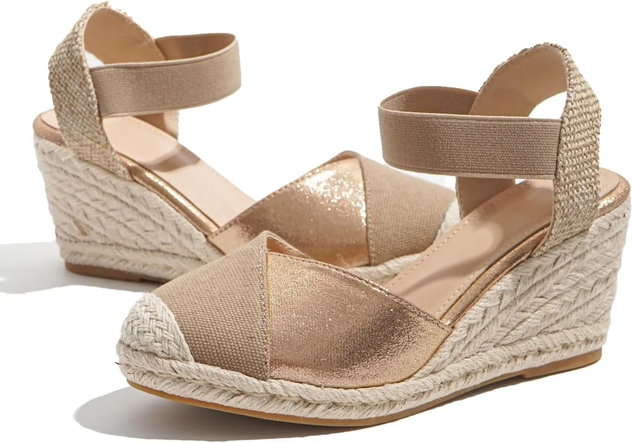 Women's Espadrille Wedge Sandals, Closed Toe Elastic Strap Slingback Shoes, Casual Summer Slip On Sandals TDL6A