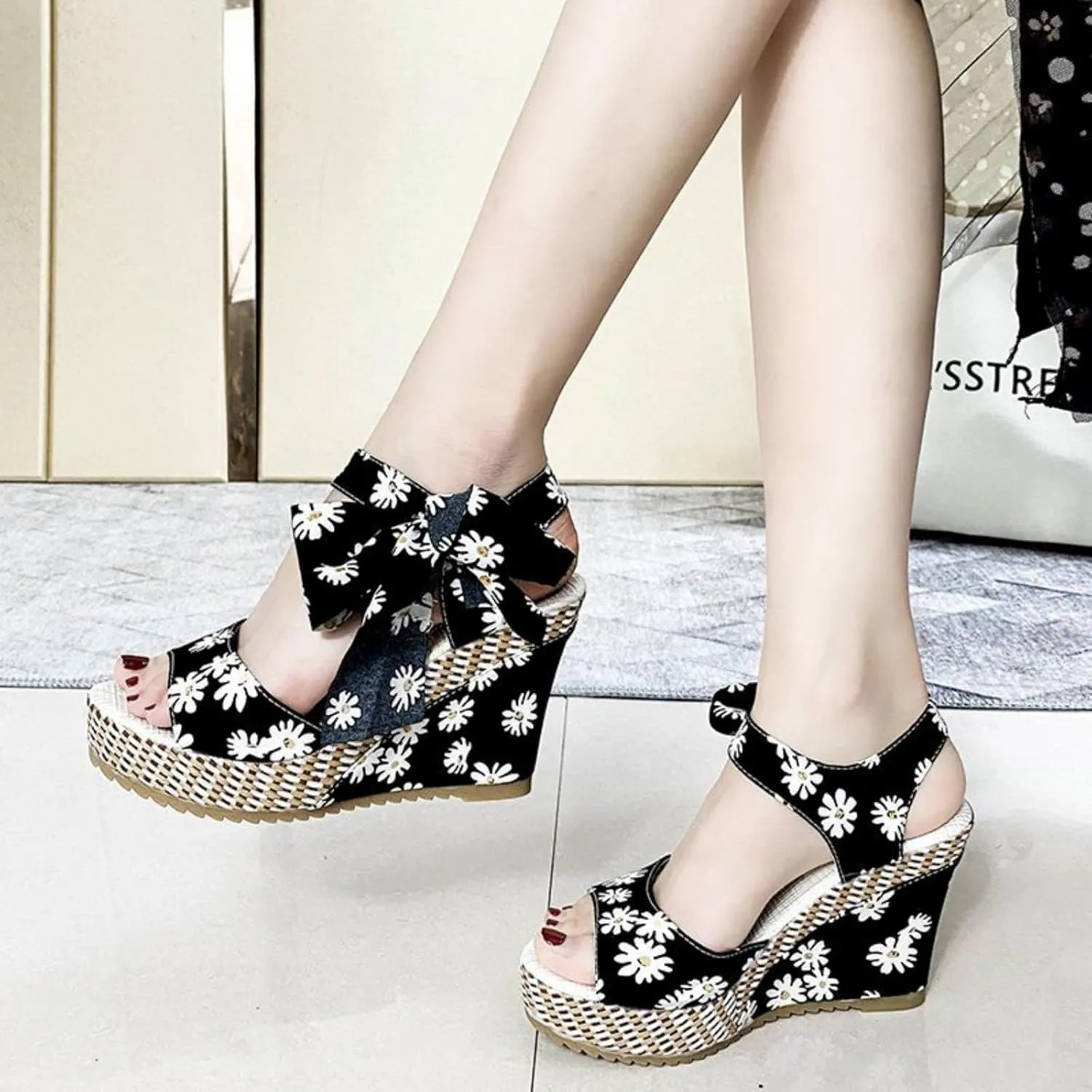 Womens Espadrille Wedges Sandals Heels Open Toe Tie Lace Up Platform Ankle Strap Summer Dress Shoes, Elegant Floral Classic Bowknot Wedge Sandals