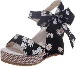 Womens Espadrille Wedges Sandals Heels Open Toe Tie Lace Up Platform Ankle Strap Summer Dress Shoes, Elegant Floral Classic Bowknot Wedge Sandals