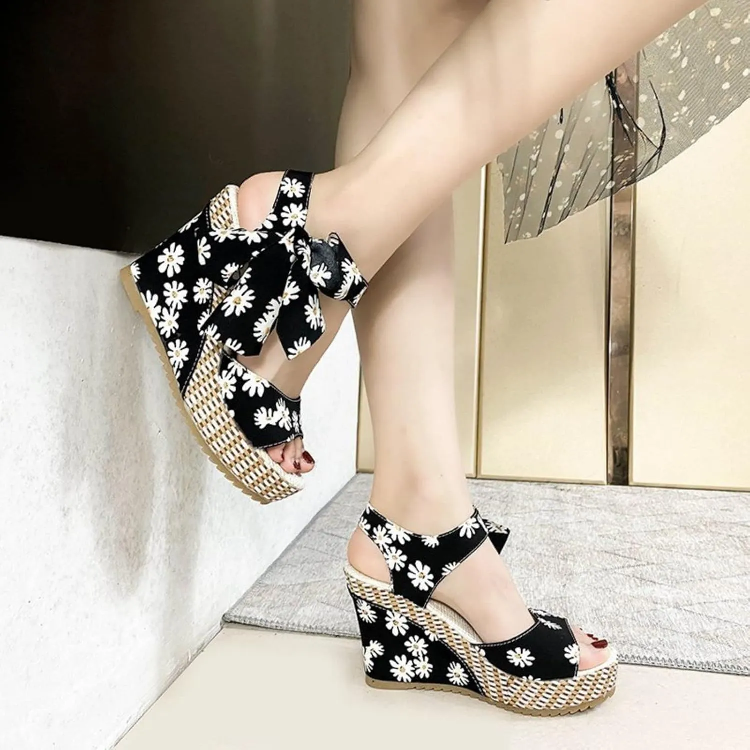 Womens Espadrille Wedges Sandals Heels Open Toe Tie Lace Up Platform Ankle Strap Summer Dress Shoes, Elegant Floral Classic Bowknot Wedge Sandals