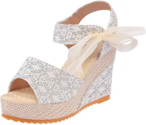 Womens Espadrille Wedges Sandals Heels Open Toe Tie Lace Up Platform Ankle Strap Summer Dress Shoes, Elegant Floral Classic Wedges Comfortable Beach Platform Sandals