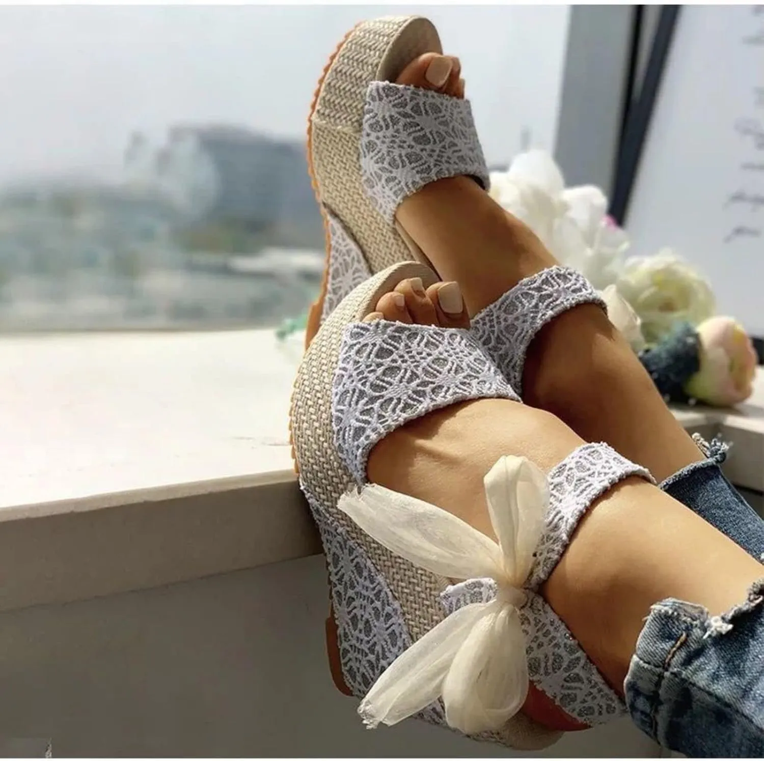 Womens Espadrille Wedges Sandals Heels Open Toe Tie Lace Up Platform Ankle Strap Summer Dress Shoes, Elegant Floral Classic Wedges Comfortable Beach Platform Sandals