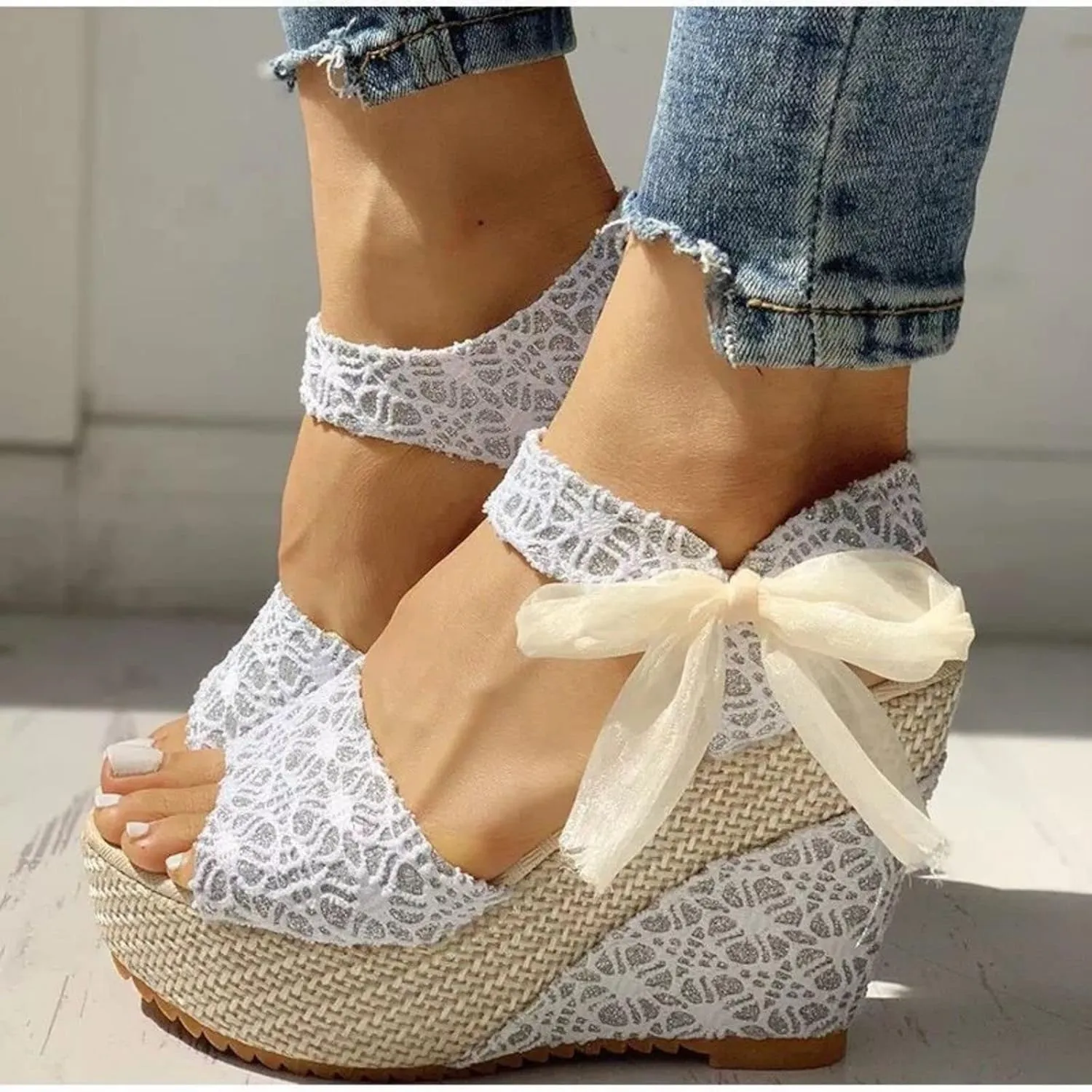 Womens Espadrille Wedges Sandals Heels Open Toe Tie Lace Up Platform Ankle Strap Summer Dress Shoes, Elegant Floral Classic Wedges Comfortable Beach Platform Sandals