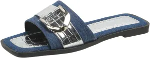 Women's Fashion Denim Flat Slide Sandals with Metal Buckle Decor Summer Square Open Toe Comfortable Slip-On Slides Beach Party Dress Slippers