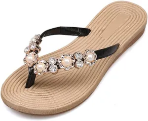 Women's Fashion Summer Flat Flip Flops Flower Pearls Casual Slippers Women Beach Open Toe Sandals Boho Slippers Flat Slides for Women