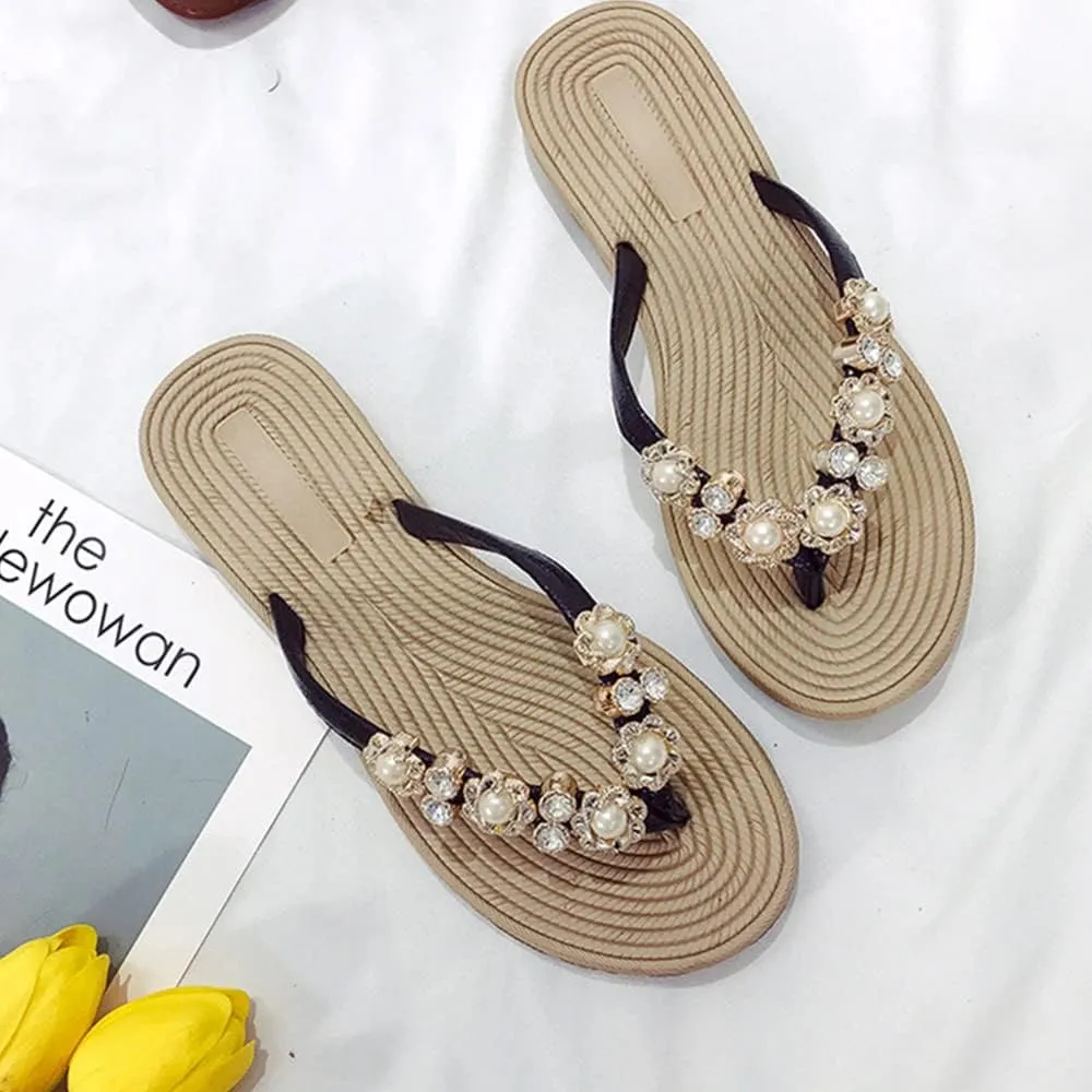 Women's Fashion Summer Flat Flip Flops Flower Pearls Casual Slippers Women Beach Open Toe Sandals Boho Slippers Flat Slides for Women