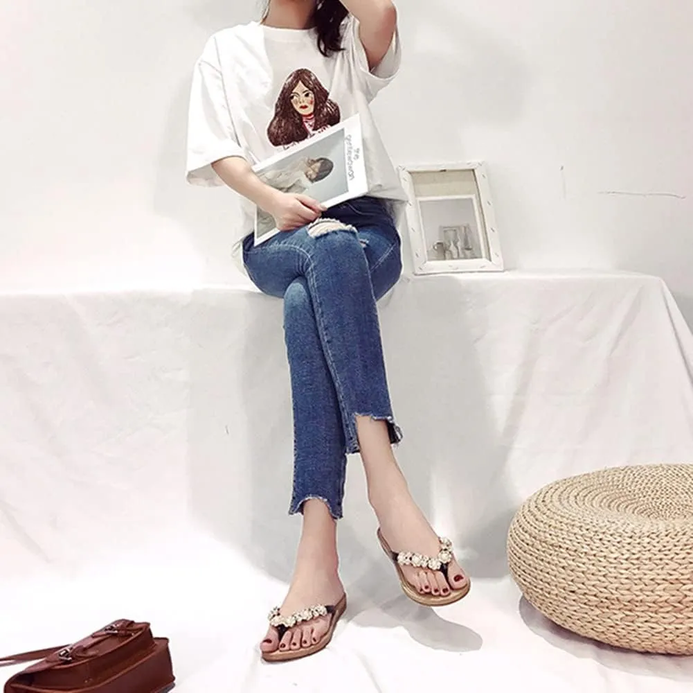 Women's Fashion Summer Flat Flip Flops Flower Pearls Casual Slippers Women Beach Open Toe Sandals Boho Slippers Flat Slides for Women