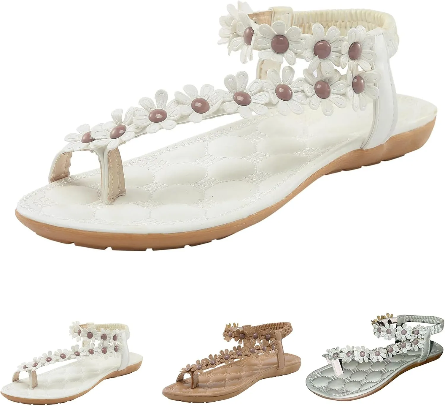 Women's Flat Sandals Dressy Summer Comfortable Flip Flops Elegant Flower Decor Thong Sandals Ladies Cute Summer Beach Shoes Adjustable Back Ankle Strap Casual Summer Shoes