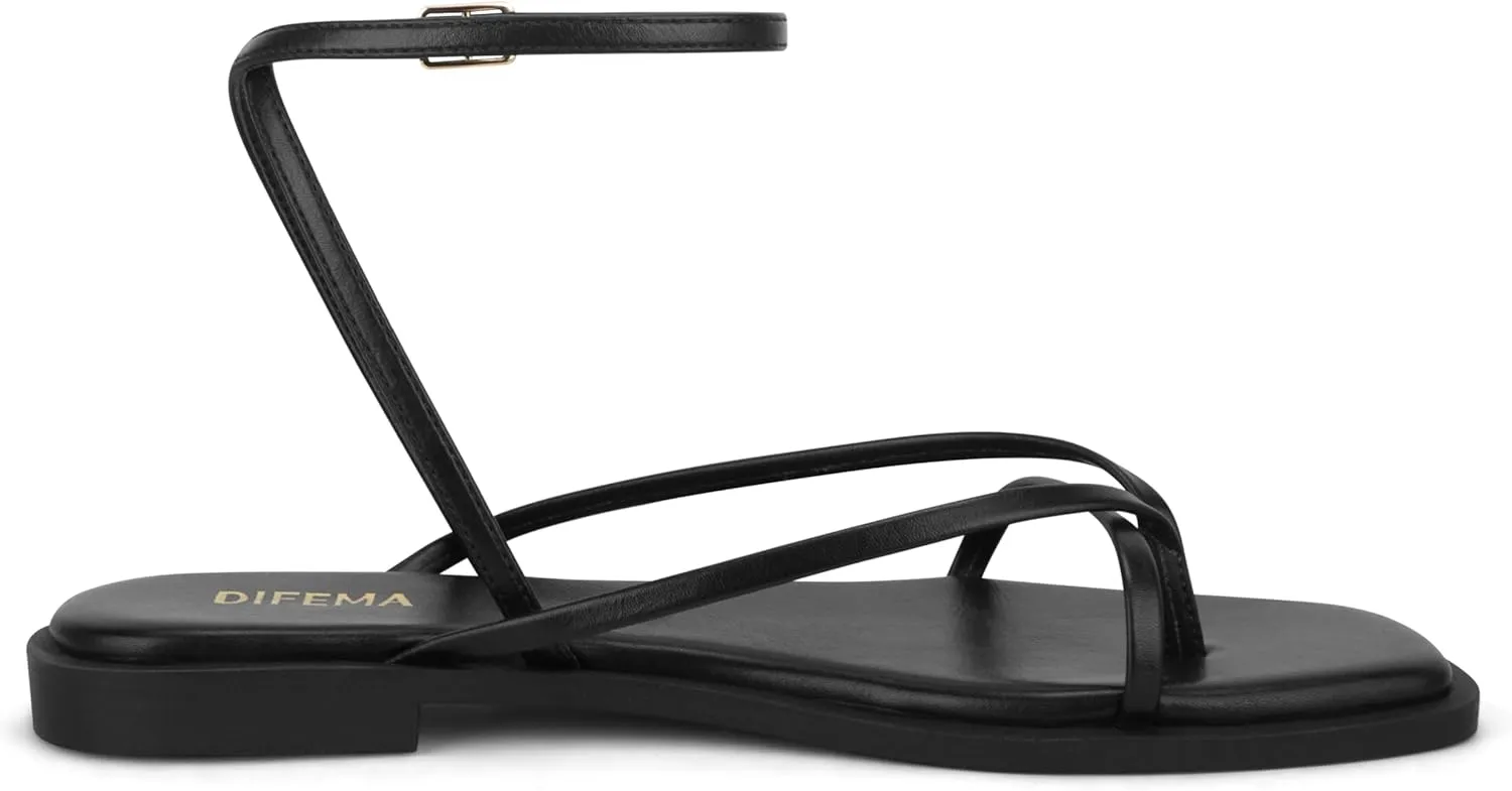 Womens Flats Sandals Square Toe Strappy Ankle Strap Flats