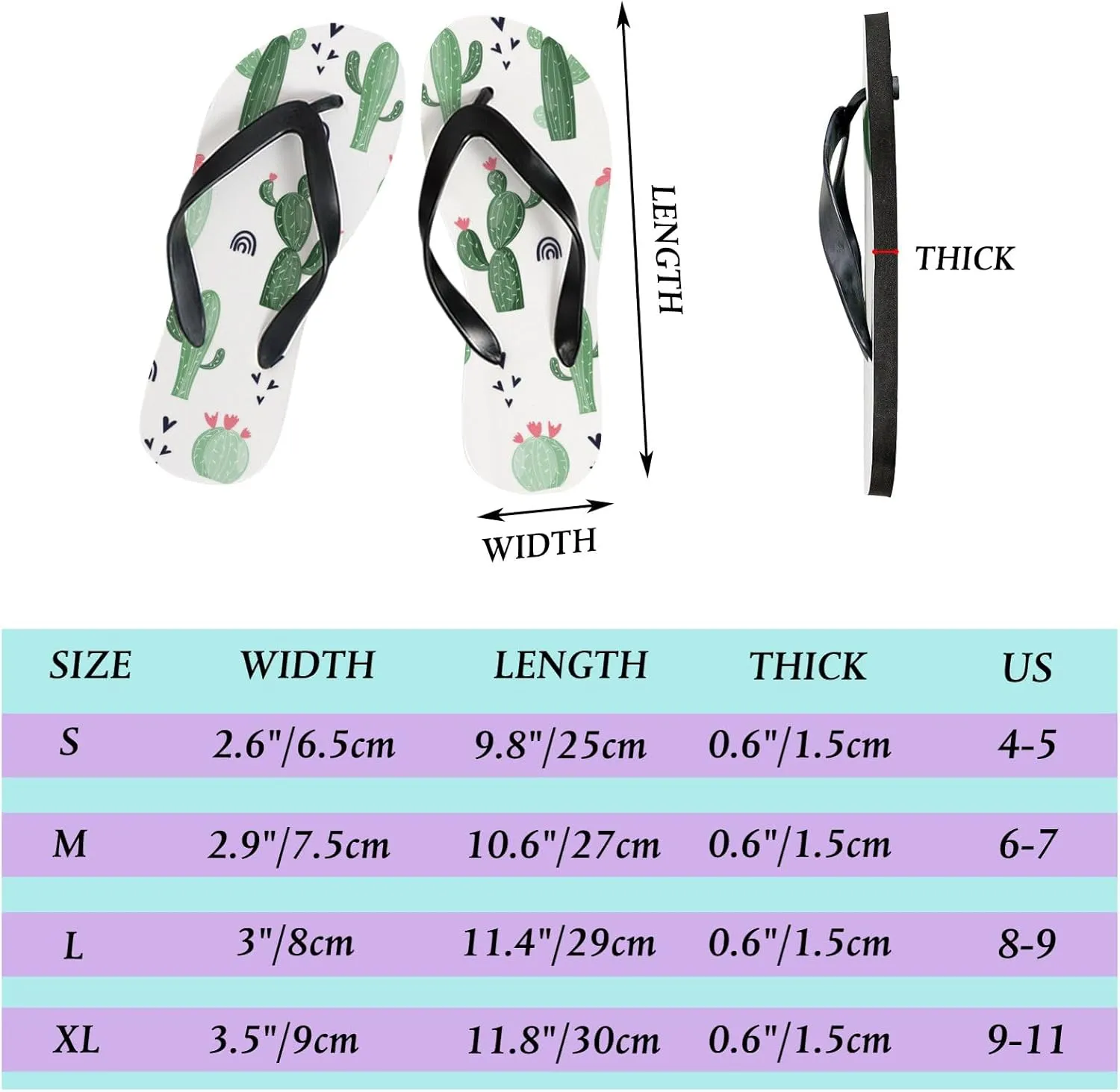 Womens Flip Flops for Summer Beach - Scandinavian Style Cacti Casual Slide Flat Sandals Thong Slippers