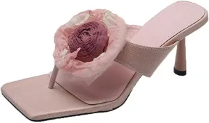 Womens Flower Flip Flop Heels 2.75 Inch Heeled Sandals Square Toe Slip On