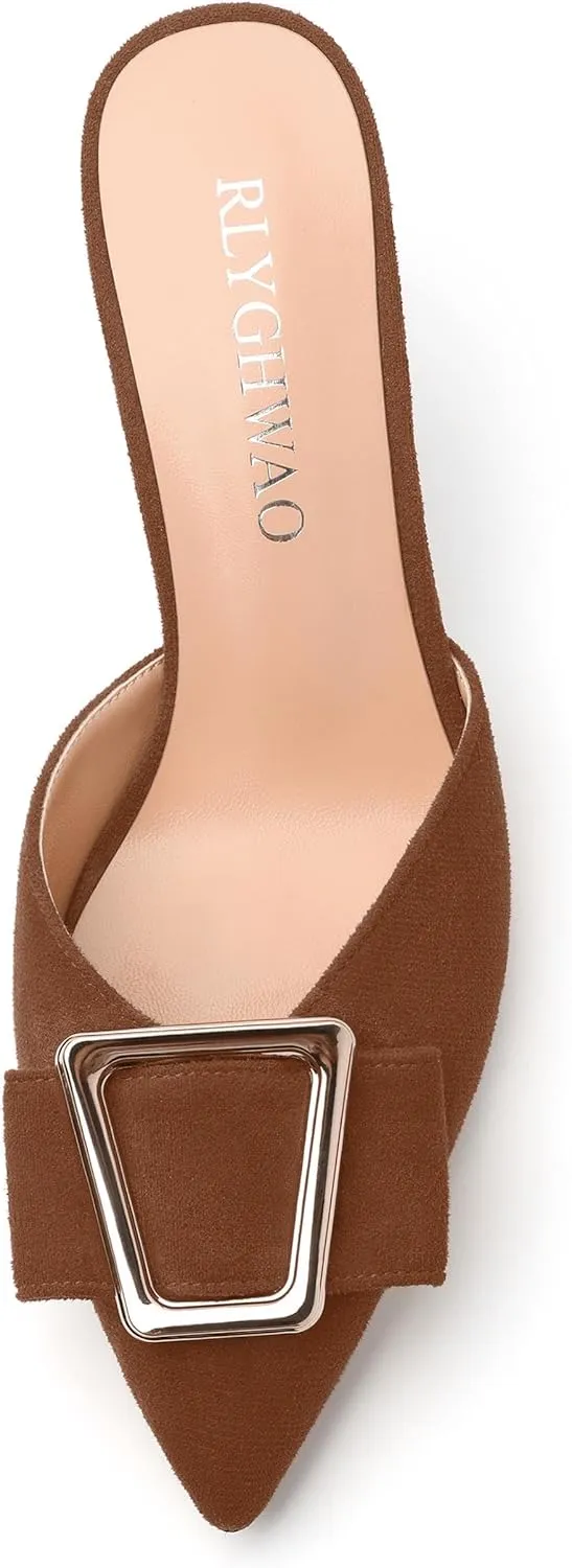 Women's Heeled Sandal, Closed Toe Solid Suede Mules, Buckle Fashion Stiletto Heels for Women