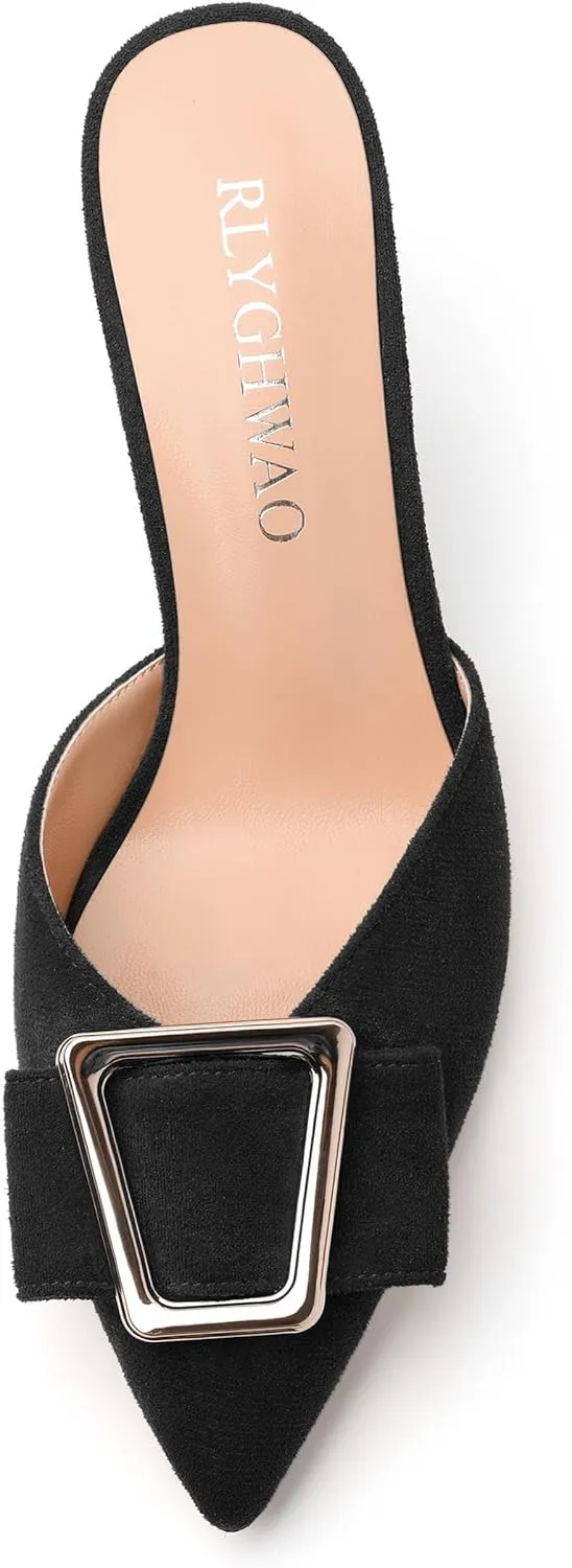Women's Heeled Sandal, Closed Toe Solid Suede Mules, Buckle Fashion Stiletto Heels for Women