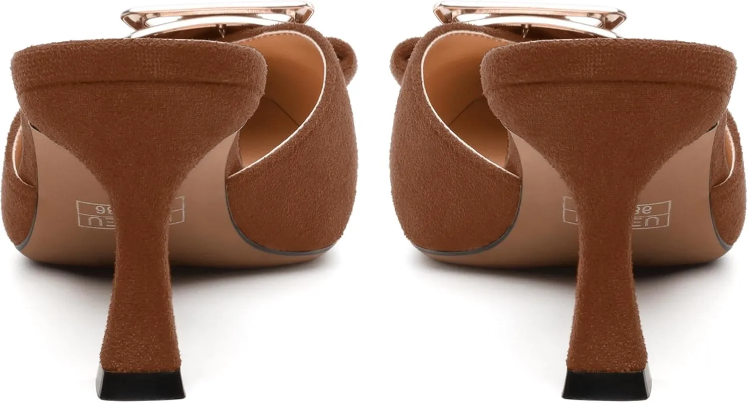 Women's Heeled Sandal, Closed Toe Solid Suede Mules, Buckle Fashion Stiletto Heels for Women