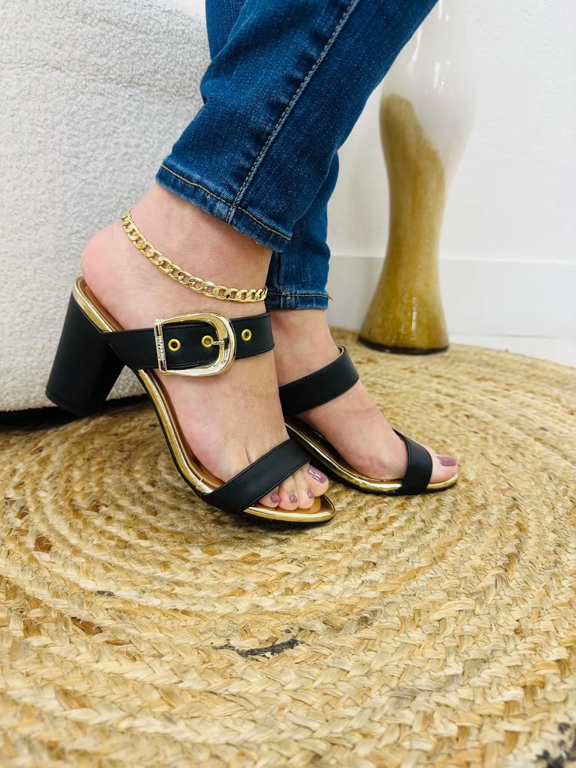 Women's Heeled Sandals with Buckle Strap,(4 COLORS) BLACK GOLD,OLIVE,BEIGE,BLACK