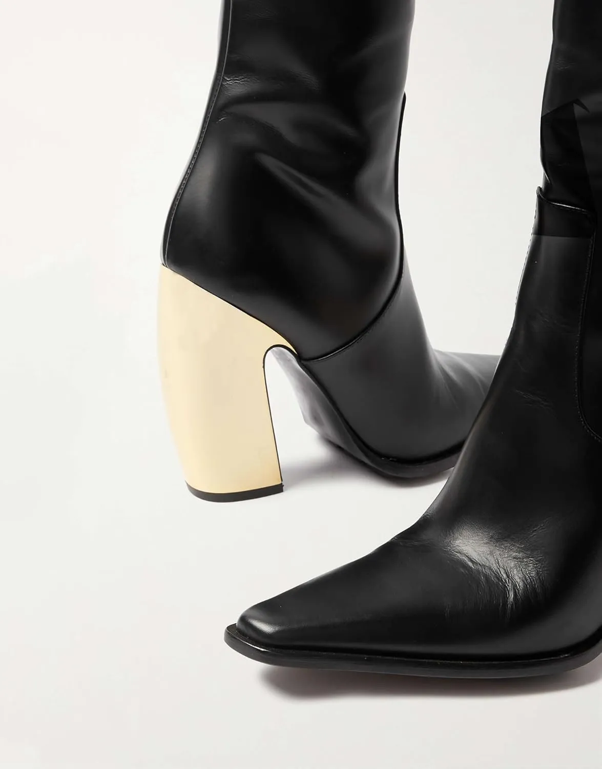 Women’s Knee High Boots Gold Metal Block Heel Riding Booties Small Square Toe Side Zip Long Boot Sexy Fashion Chunky Heel Faux Leather Black Boots