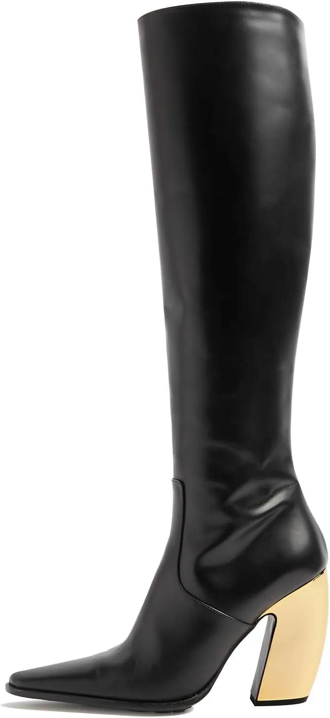 Women’s Knee High Boots Gold Metal Block Heel Riding Booties Small Square Toe Side Zip Long Boot Sexy Fashion Chunky Heel Faux Leather Black Boots