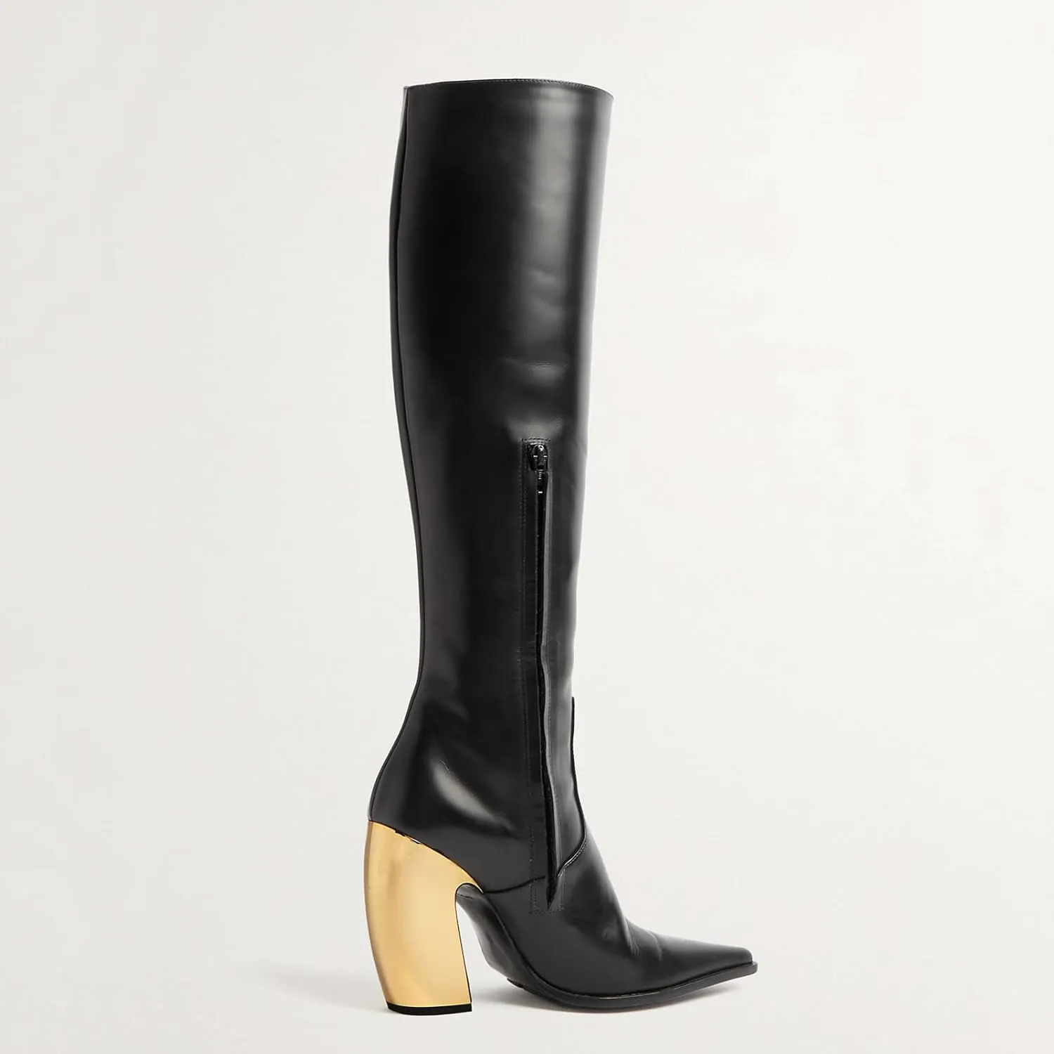 Women’s Knee High Boots Gold Metal Block Heel Riding Booties Small Square Toe Side Zip Long Boot Sexy Fashion Chunky Heel Faux Leather Black Boots