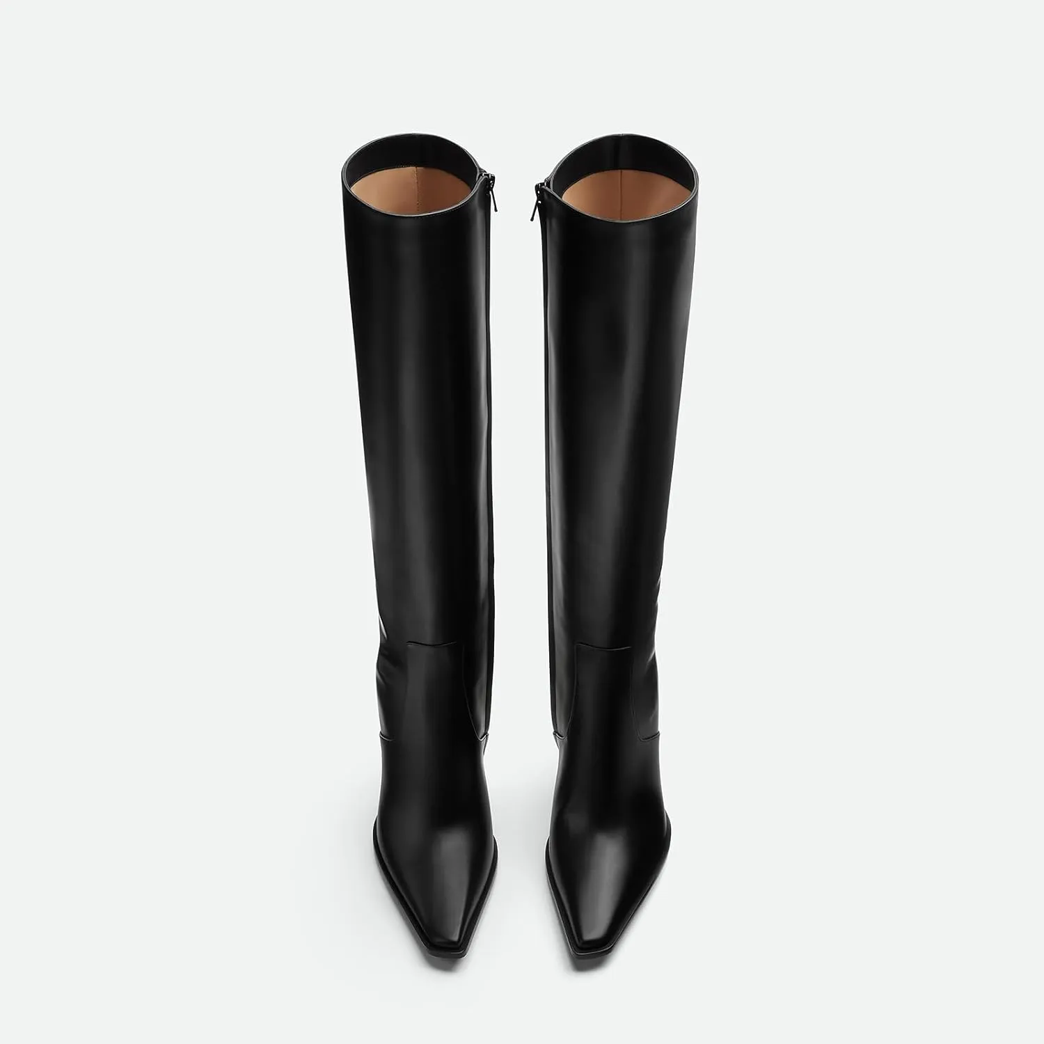 Women’s Knee High Boots Gold Metal Block Heel Riding Booties Small Square Toe Side Zip Long Boot Sexy Fashion Chunky Heel Faux Leather Black Boots