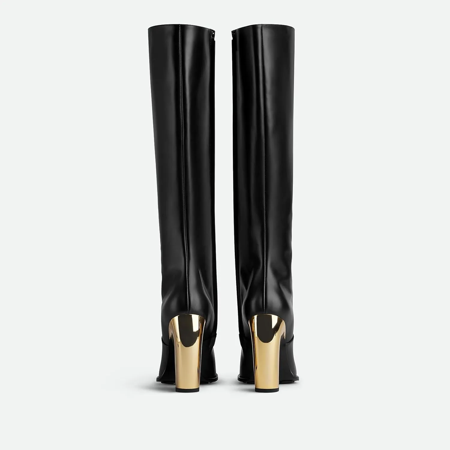 Women’s Knee High Boots Gold Metal Block Heel Riding Booties Small Square Toe Side Zip Long Boot Sexy Fashion Chunky Heel Faux Leather Black Boots