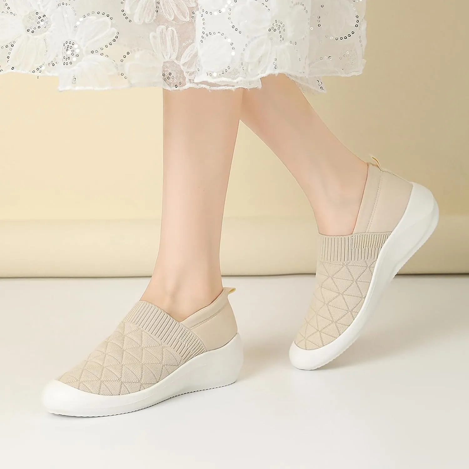 Women's Knit Stretchy Slip On Arch Support Casual Loafers Comfort Mesh Breathable Soft Sole Lightweight Non-Slip Platform Wedge Orthopedic Walking Sneakers for Outdoor Travel Work