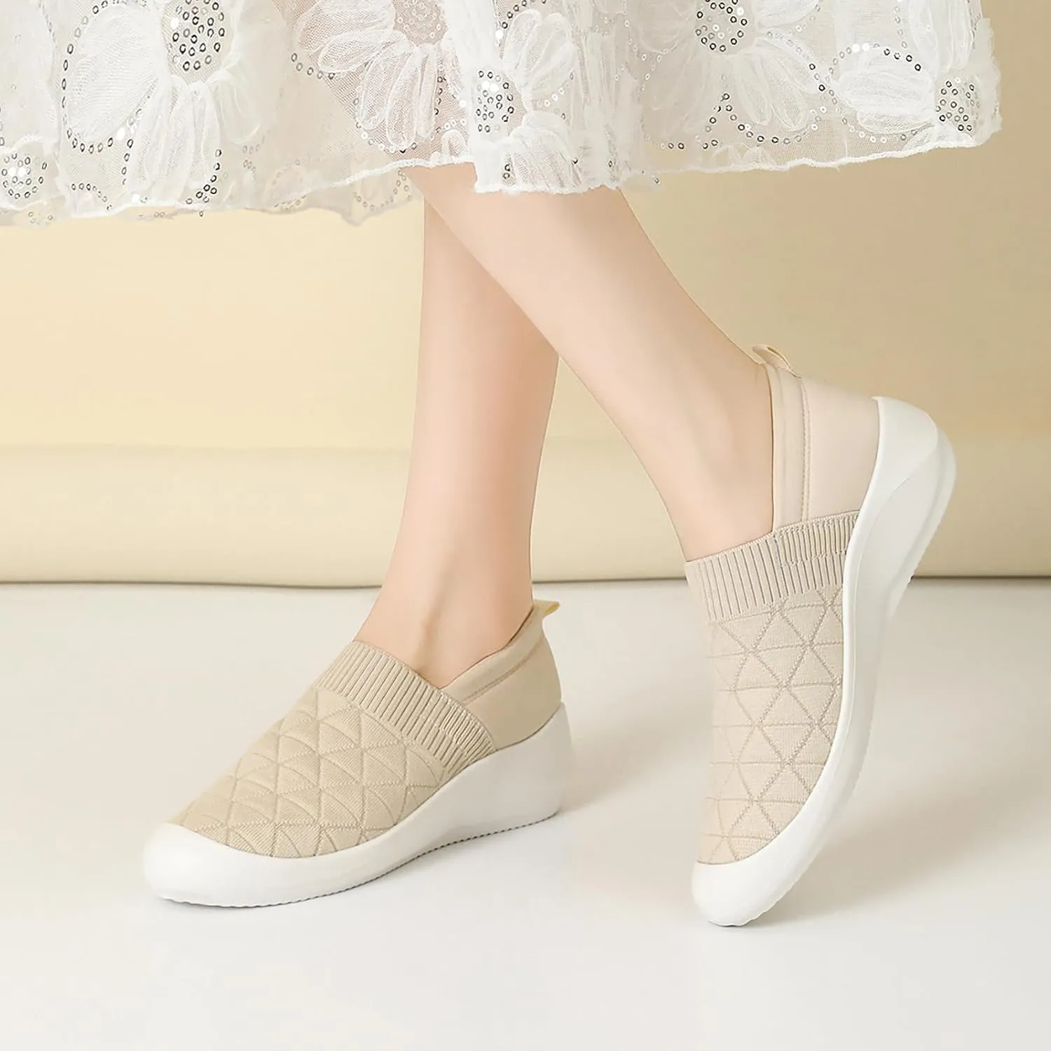 Women's Knit Stretchy Slip On Arch Support Casual Loafers Comfort Mesh Breathable Soft Sole Lightweight Non-Slip Platform Wedge Orthopedic Walking Sneakers for Outdoor Travel Work