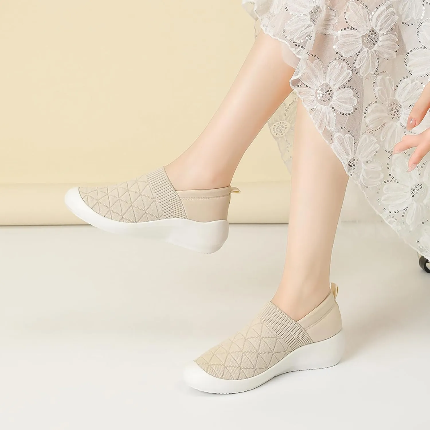 Women's Knit Stretchy Slip On Arch Support Casual Loafers Comfort Mesh Breathable Soft Sole Lightweight Non-Slip Platform Wedge Orthopedic Walking Sneakers for Outdoor Travel Work