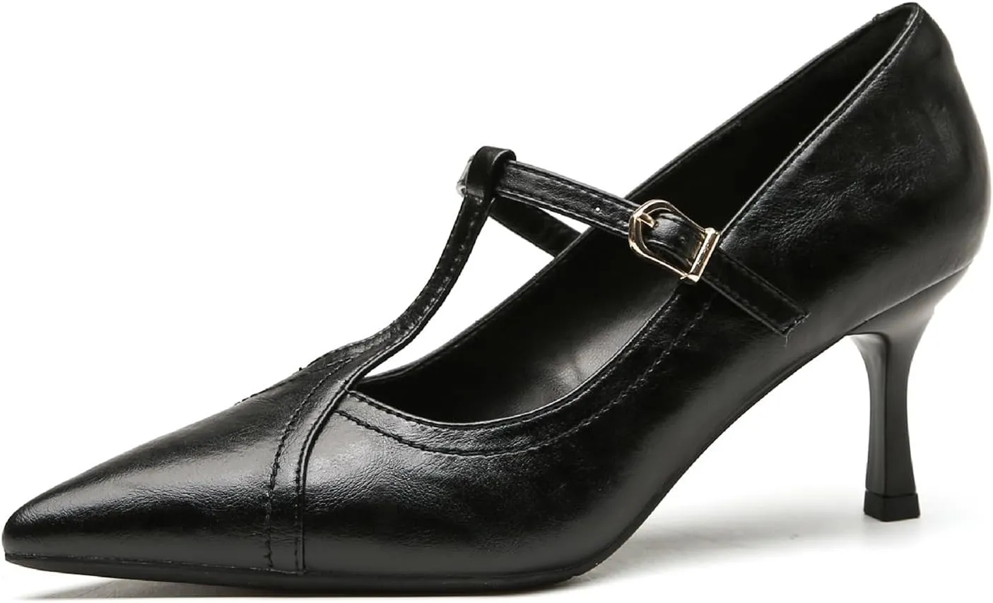 Women'S Leather T-Strap Sexy Pointed Stiletto Heel Pumps Fashion Adjustable Buckle Comfort Kitten Heel Mary Janes Party Wedding Evening Dress High Heel Shoes