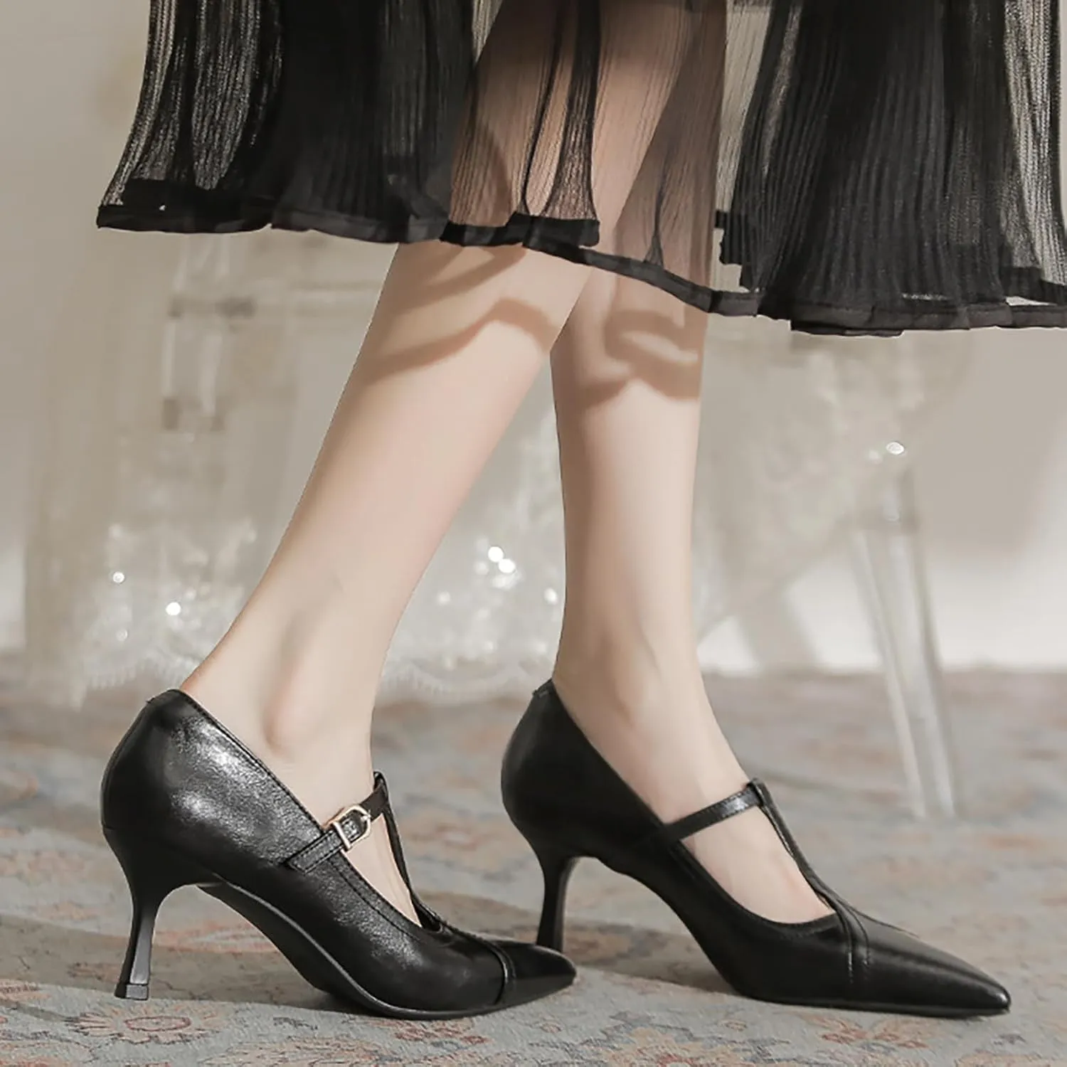 Women'S Leather T-Strap Sexy Pointed Stiletto Heel Pumps Fashion Adjustable Buckle Comfort Kitten Heel Mary Janes Party Wedding Evening Dress High Heel Shoes
