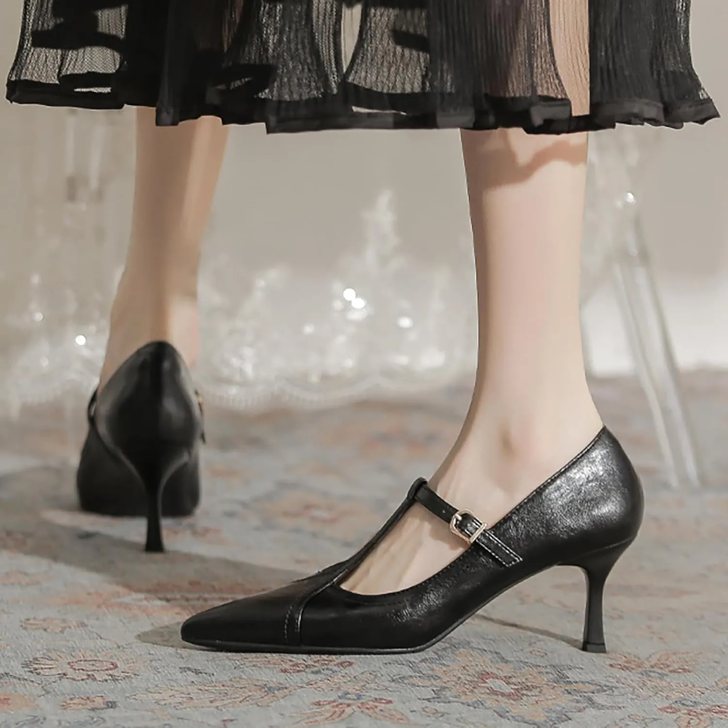 Women'S Leather T-Strap Sexy Pointed Stiletto Heel Pumps Fashion Adjustable Buckle Comfort Kitten Heel Mary Janes Party Wedding Evening Dress High Heel Shoes