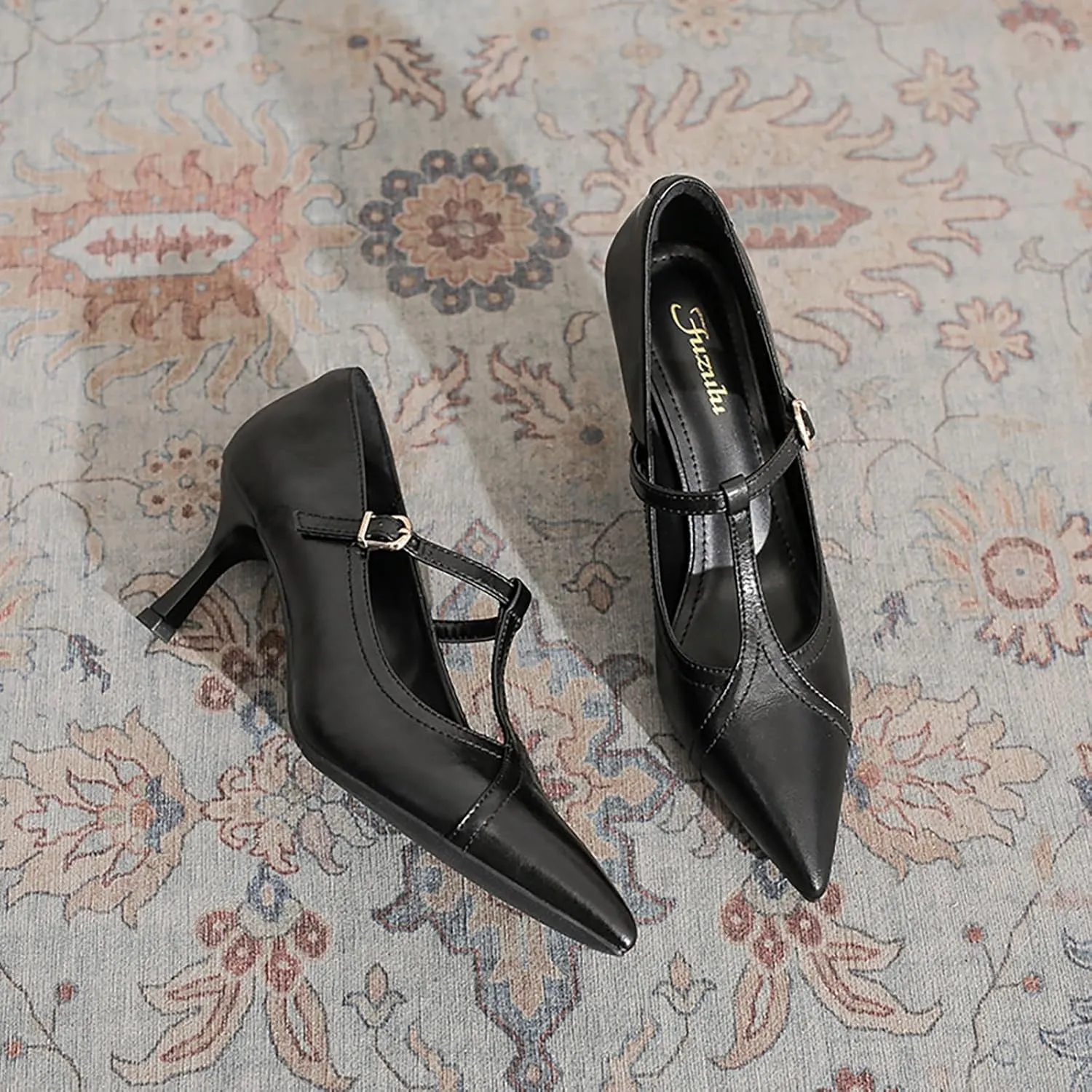 Women'S Leather T-Strap Sexy Pointed Stiletto Heel Pumps Fashion Adjustable Buckle Comfort Kitten Heel Mary Janes Party Wedding Evening Dress High Heel Shoes