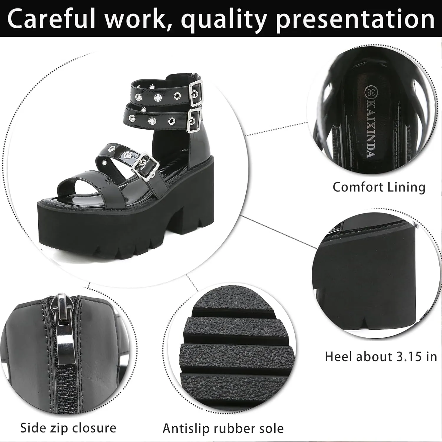 Women's Patent Leather Platform Chunky Heel Fisherman Sandals Fashion Hollow Adjustable Ankle Buckle Zipper Round Open Toe Anti-Slip Lug Sole Goth Walking Sandals