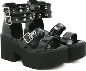 Women's Patent Leather Platform Chunky Heel Fisherman Sandals Fashion Hollow Adjustable Ankle Buckle Zipper Round Open Toe Anti-Slip Lug Sole Goth Walking Sandals