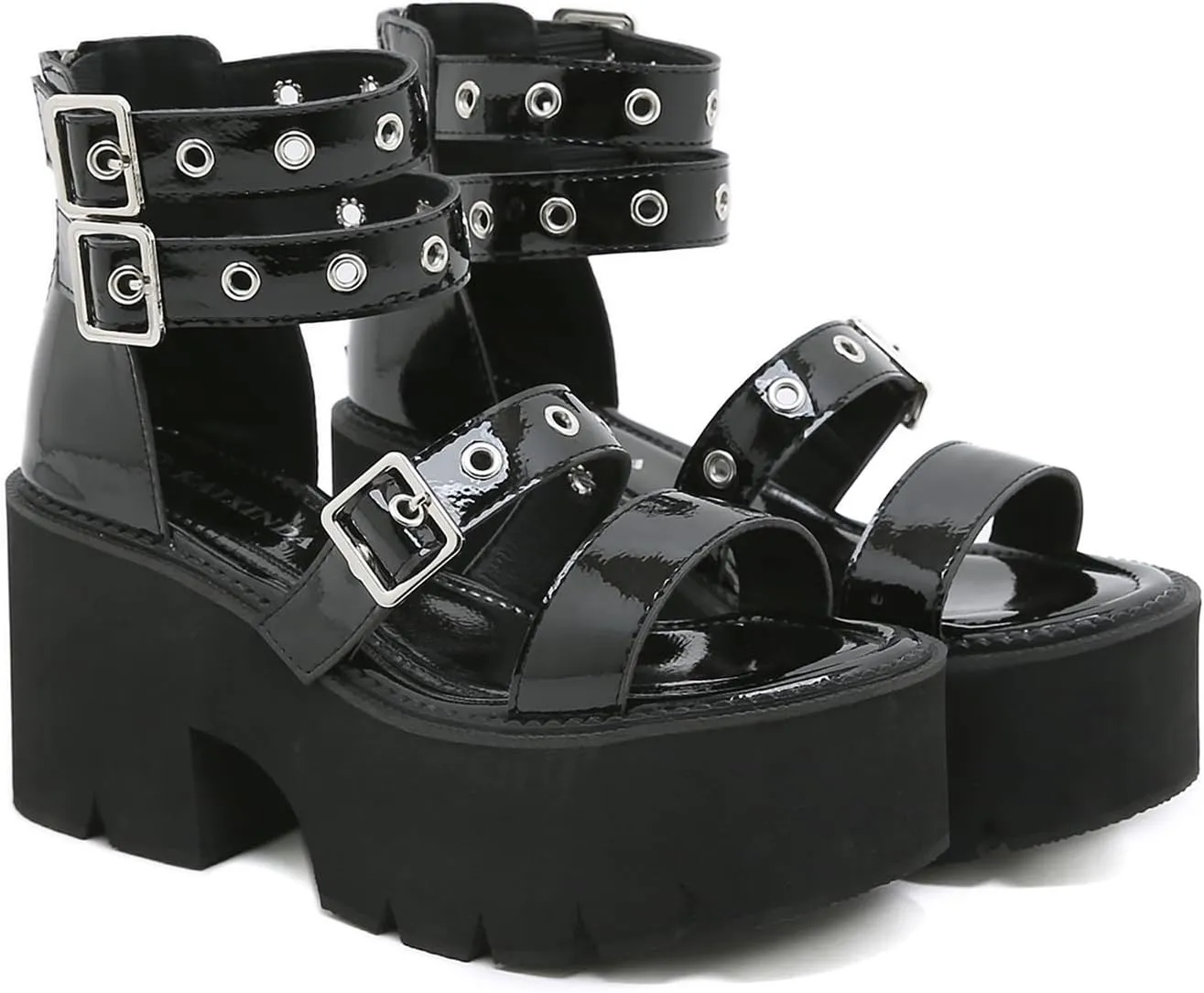 Women's Patent Leather Platform Chunky Heel Fisherman Sandals Fashion Hollow Adjustable Ankle Buckle Zipper Round Open Toe Anti-Slip Lug Sole Goth Walking Sandals