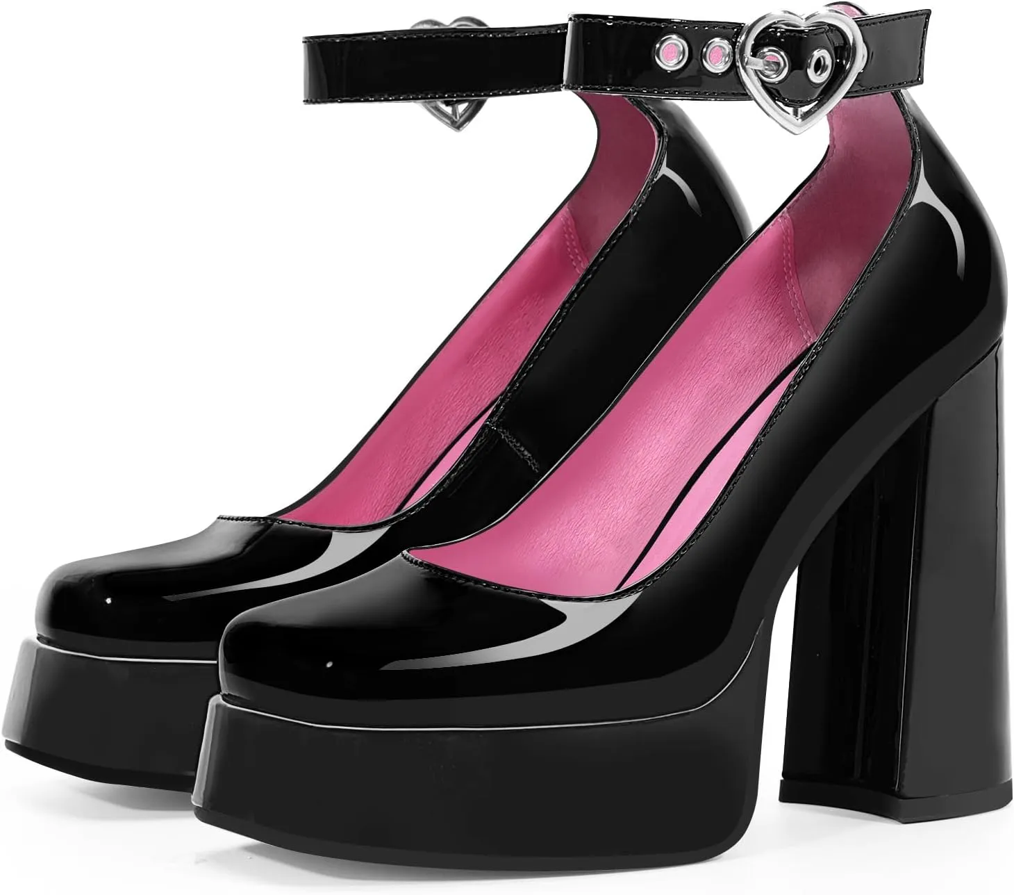 Women's Platform High Block Heel Pumps Ankle Strap Heart Buckle Square Toe Patent Leather Party Prom Dress Shoes