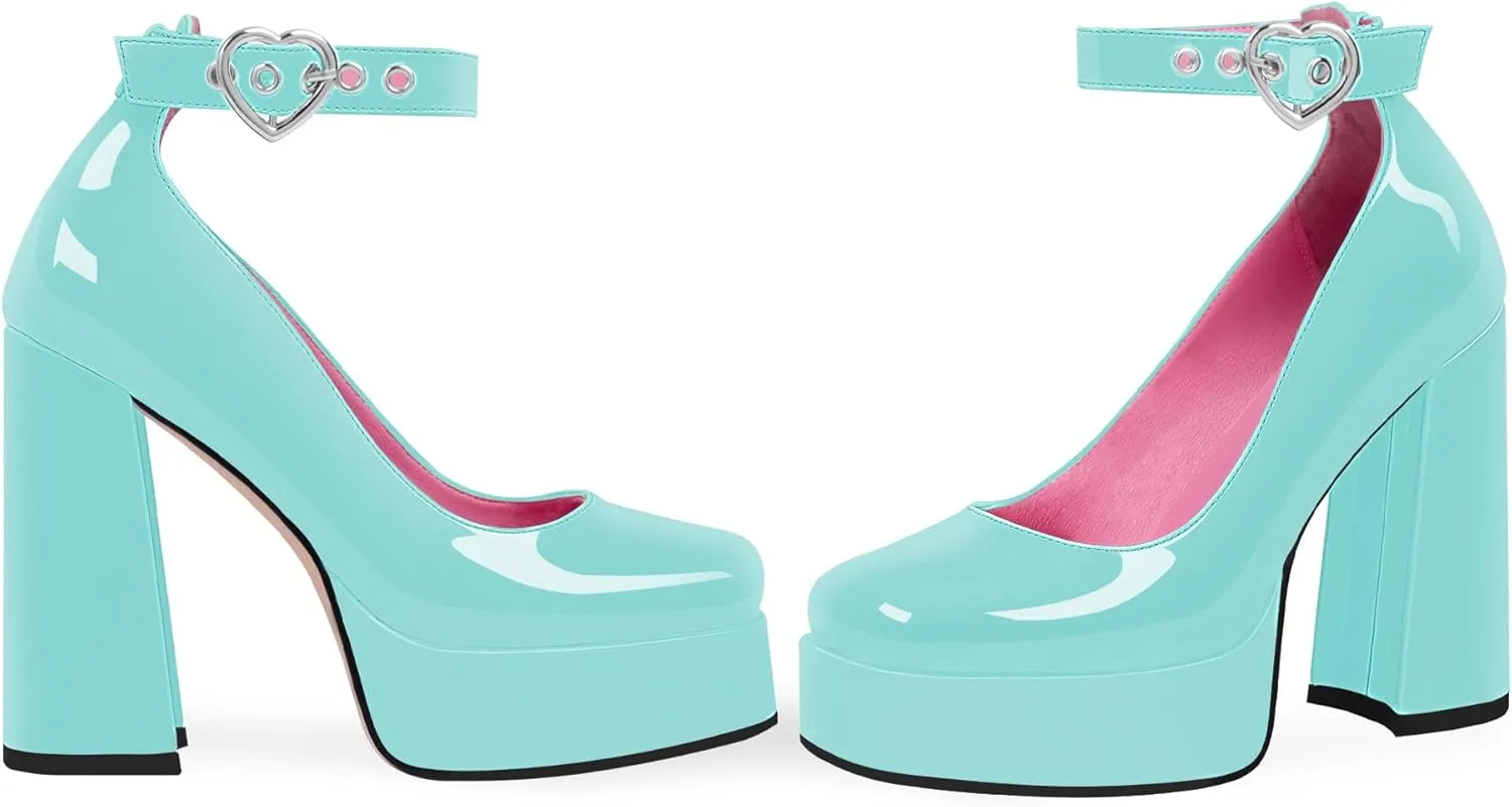 Women's Platform High Block Heel Pumps Ankle Strap Heart Buckle Square Toe Patent Leather Party Prom Dress Shoes