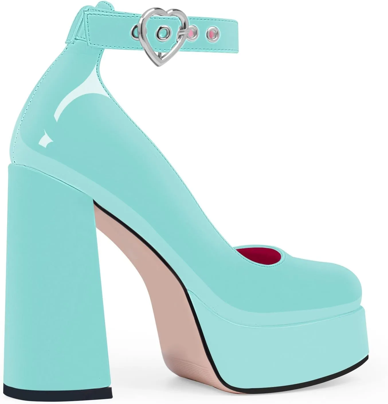 Women's Platform High Block Heel Pumps Ankle Strap Heart Buckle Square Toe Patent Leather Party Prom Dress Shoes