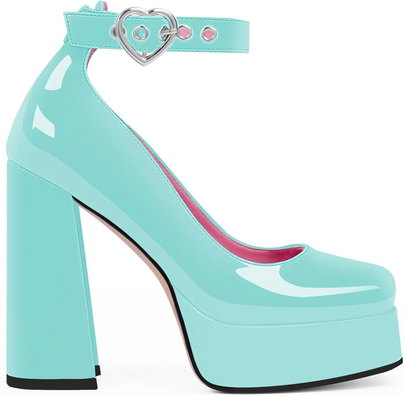 Women's Platform High Block Heel Pumps Ankle Strap Heart Buckle Square Toe Patent Leather Party Prom Dress Shoes