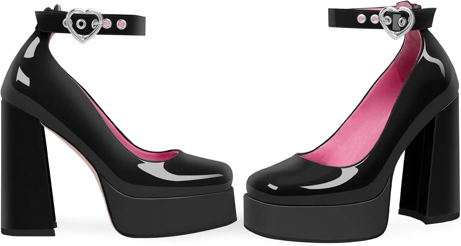 Women's Platform High Block Heel Pumps Ankle Strap Heart Buckle Square Toe Patent Leather Party Prom Dress Shoes