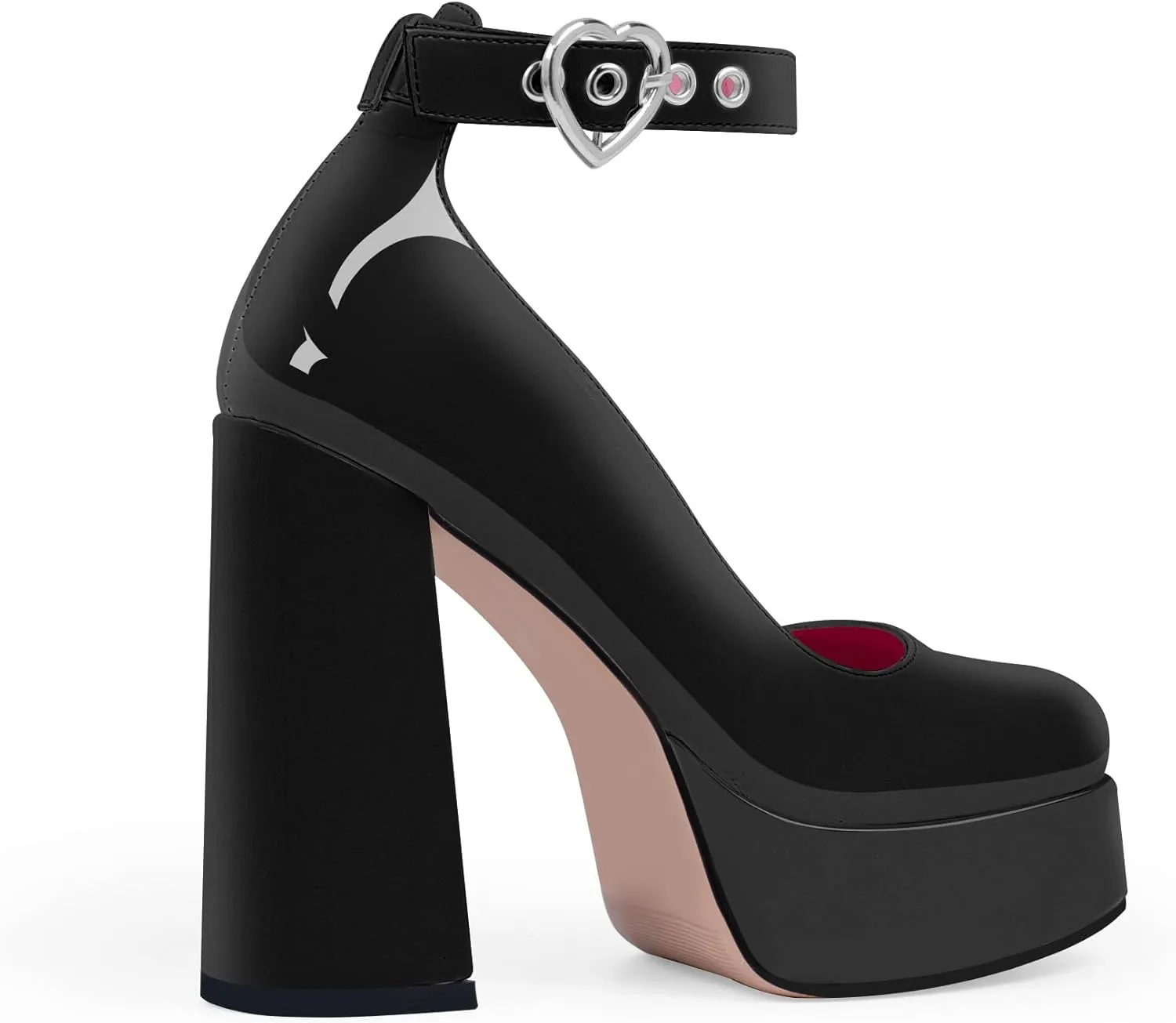 Women's Platform High Block Heel Pumps Ankle Strap Heart Buckle Square Toe Patent Leather Party Prom Dress Shoes