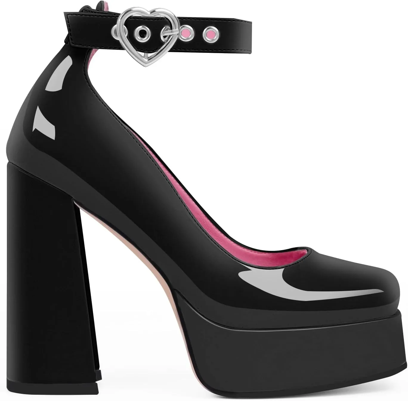 Women's Platform High Block Heel Pumps Ankle Strap Heart Buckle Square Toe Patent Leather Party Prom Dress Shoes