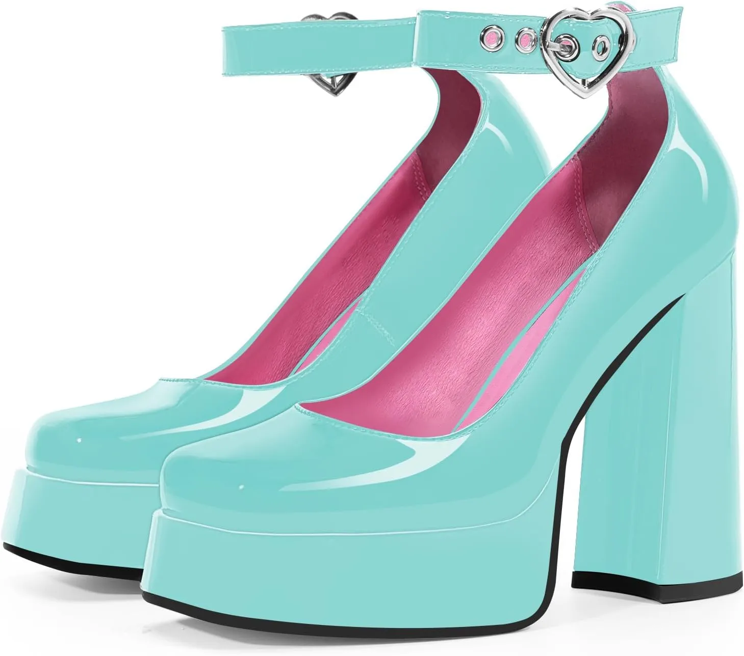 Women's Platform High Block Heel Pumps Ankle Strap Heart Buckle Square Toe Patent Leather Party Prom Dress Shoes