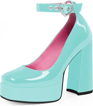 Women's Platform High Block Heel Pumps Ankle Strap Heart Buckle Square Toe Patent Leather Party Prom Dress Shoes