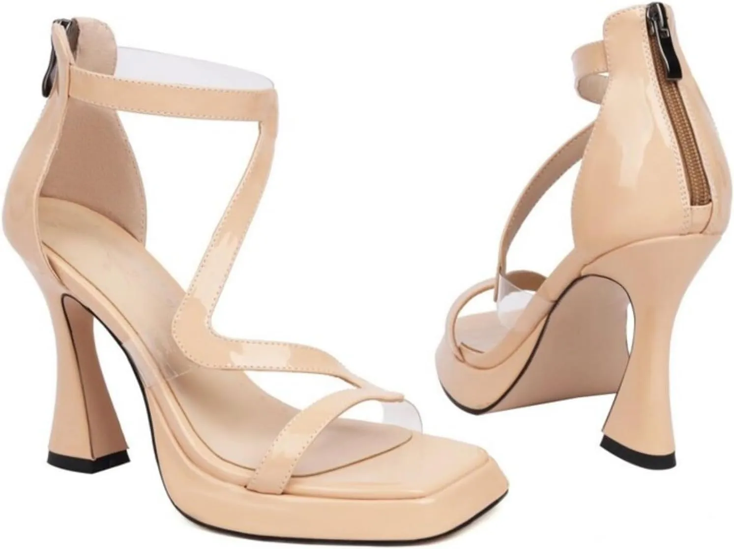 Women's Platform Open Toe Chunky High Heeled Sandals Fashion Square Peep Toe Transparent Stripes Back Zip Casual Dress Sandal Shoes