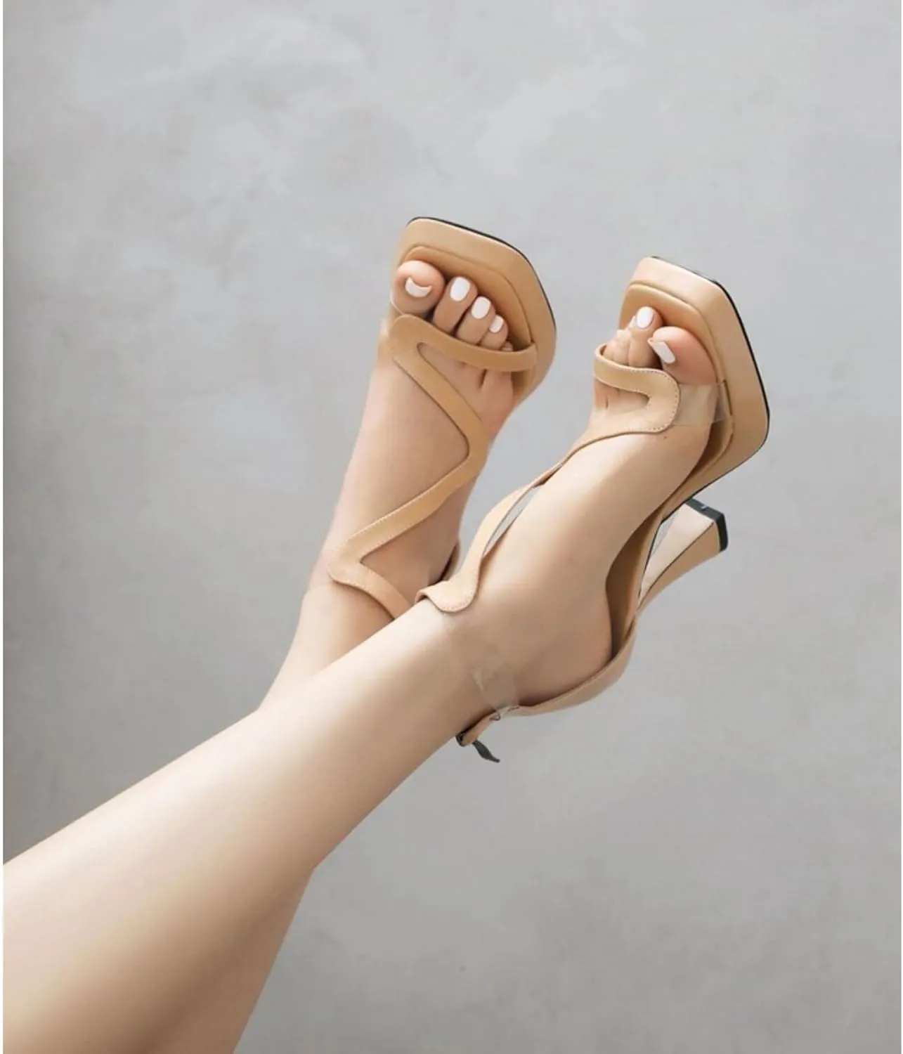 Women's Platform Open Toe Chunky High Heeled Sandals Fashion Square Peep Toe Transparent Stripes Back Zip Casual Dress Sandal Shoes