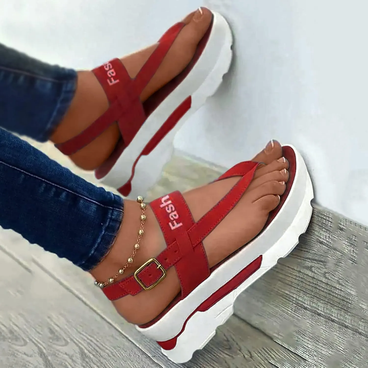Women's Platform Wedge Heel Sandals Women's Open Toes Sandals Breathable Ankle-Strap Shoes Metal Beach Sandals